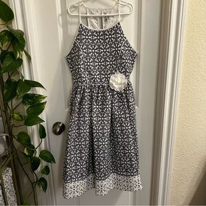 Emily West Blue & White Halter Fit & Flare Dress W/Attached Petticoat  SlipSz 16